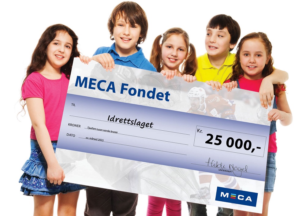 Fem barn holder en stor sjekk fra MECA Fondet til idrettslaget.