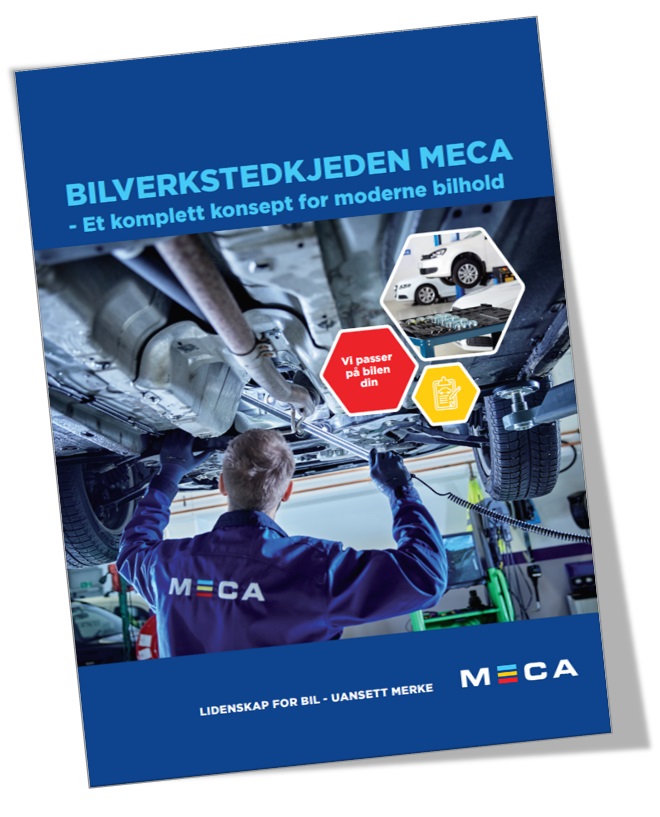 MECA konsepbrosjyre med bilde av en mann i MECA-uniform som inspiserer bil under løftebukk i verksted.