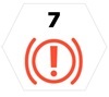 Rødt varselsymbol med utropstegn og tallet 7 i en sekskant.
