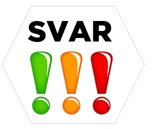 Bildet viser ordet "SVAR" over tre fargede utropstegn: grønt, oransje, rødt. 