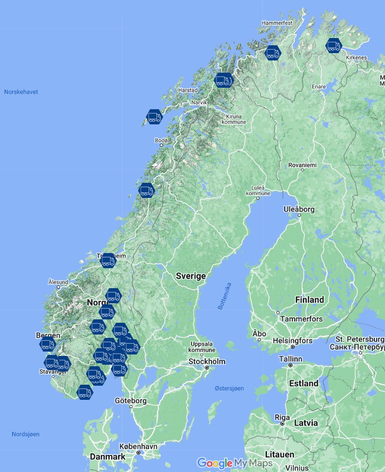 Kart over alle MECA Tungbilverksteder