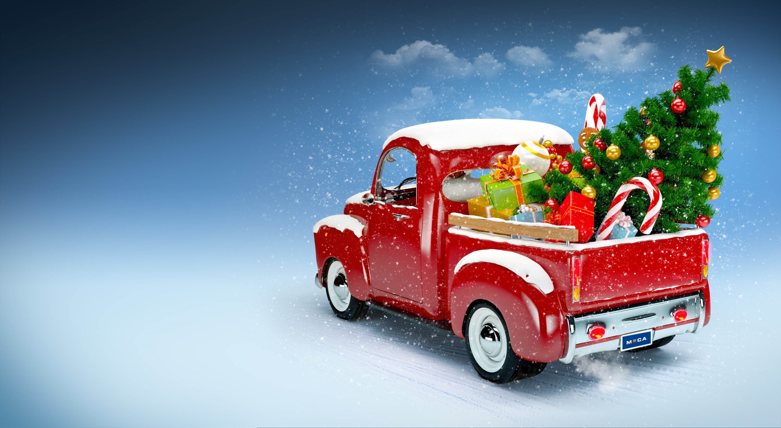 Rød Pick-up truck med juletre på planet