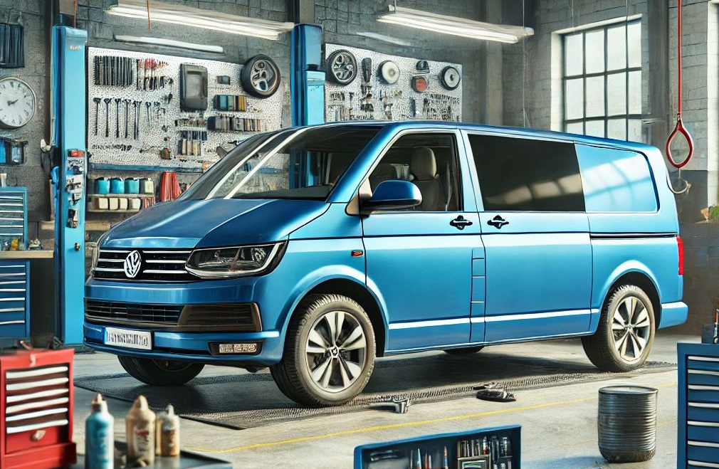 AI bilde av Blå VW transporter som får EU-kontroll på bilverksted.