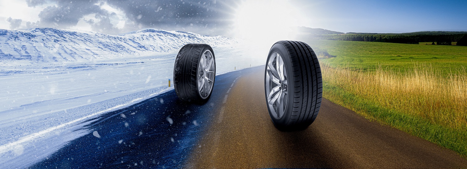 Tegning av to dekk - ett i sommervær og ett i vintervær