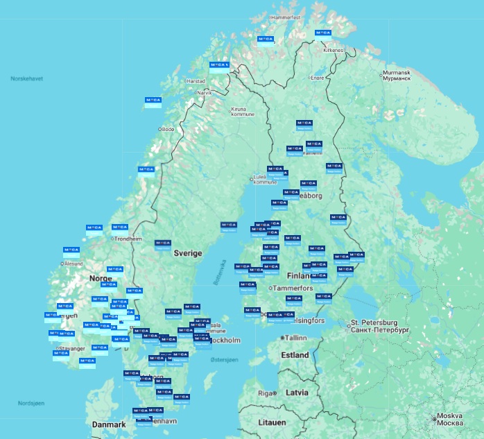 Kart over MECA Tungbilverksteder i Norden