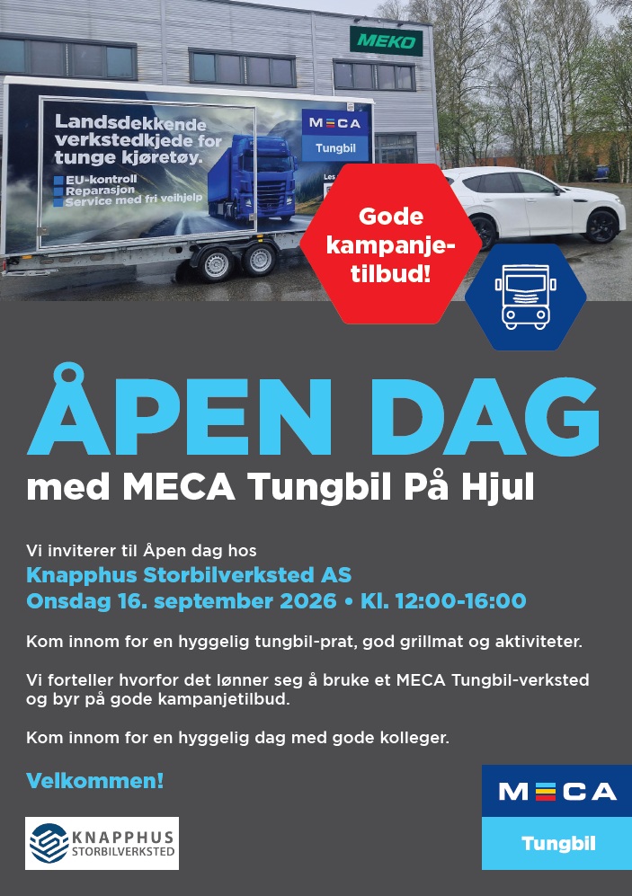 Plakat med teksten ÅPEN DAG hos MECA Tungbilverkstedet Knapphus Storbilverksted